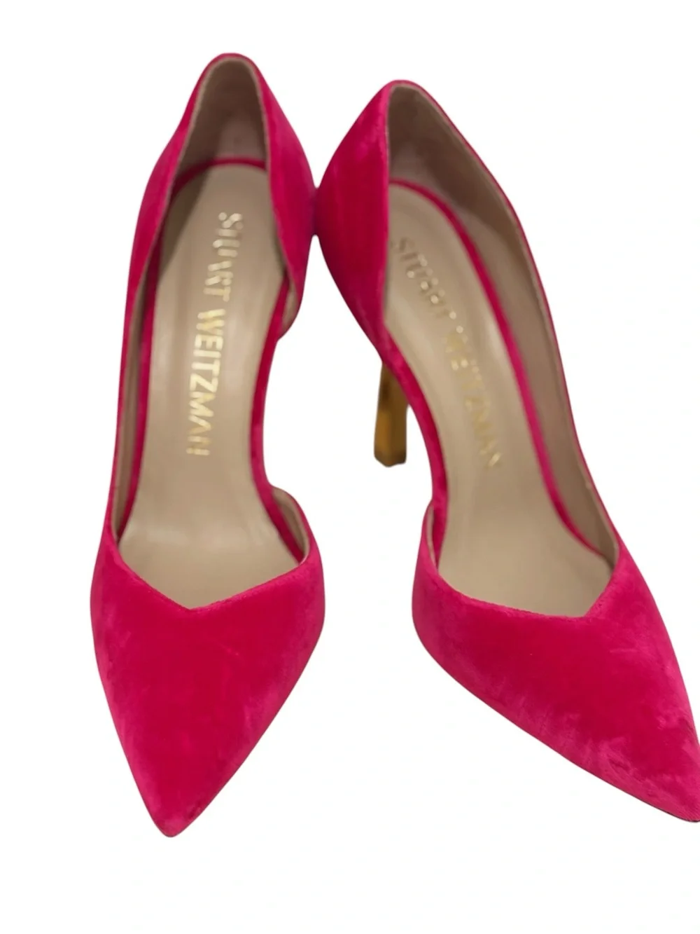 Stuart Weitzman Hot Pink Suede Pointed-Toe Stiletto Pumps w/ Gold Heel Size 9.5
